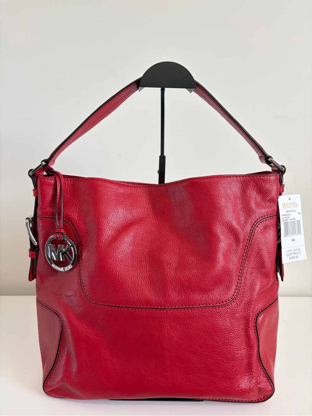 Michael Kors Brookville Red Pebbled Leather Shoulder with MK Charm